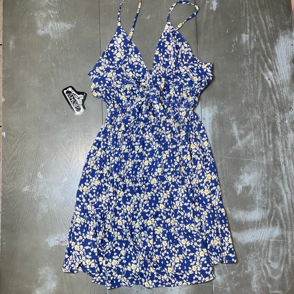 Angie Blue White Floral Sundress Short Open Tie Back Ladies Large NWT
